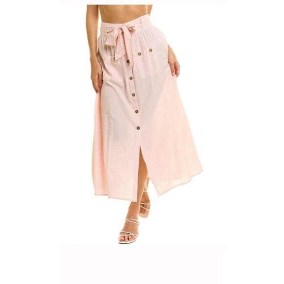 Melissa Odabash Alisa Maxi Skirt Size Medium Belted Cotton Seersucker Blush - Picture 1 of 9